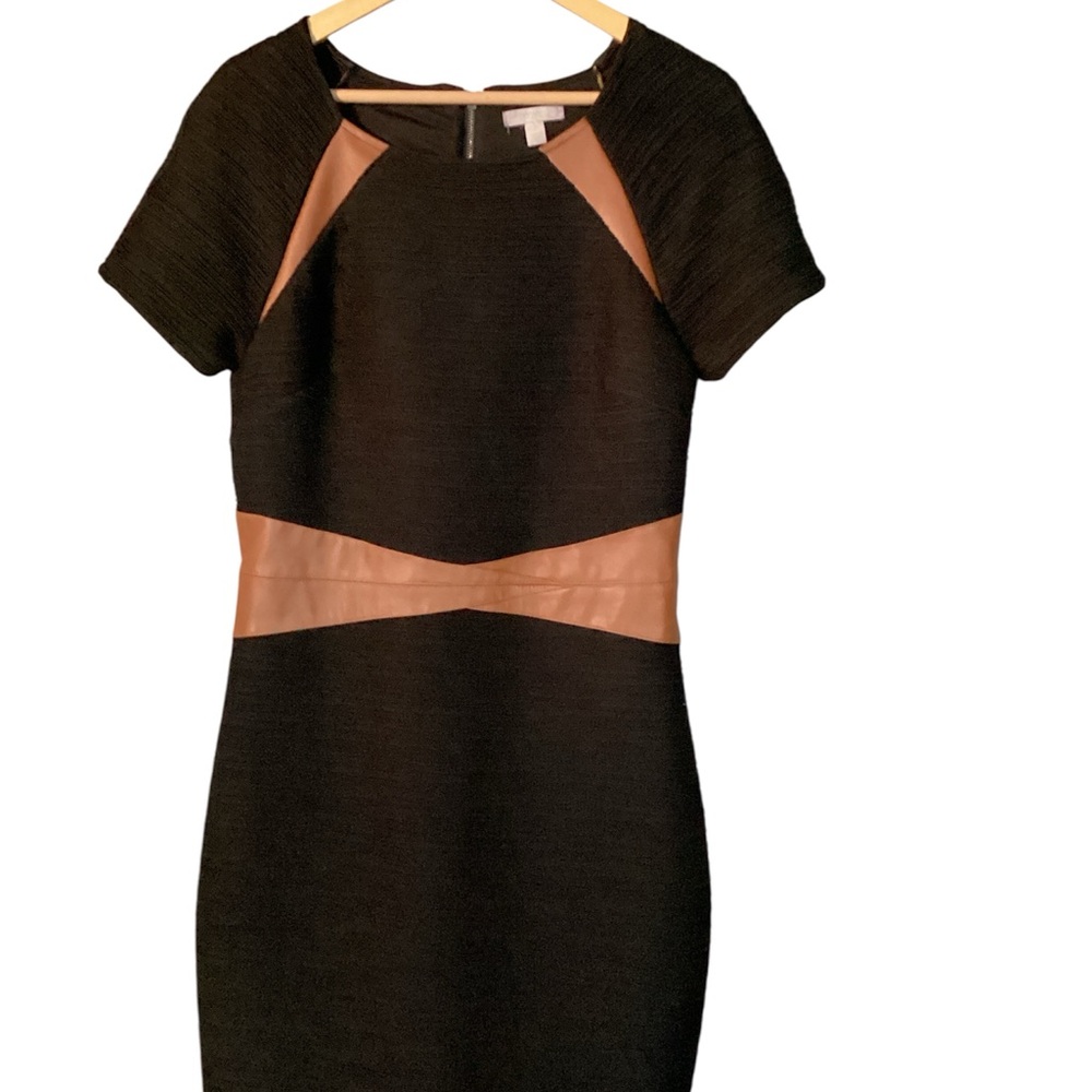 New York & Company Black with Brown Leather Accents Stretch Mini Dress Sz 10